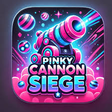 Pinky Cannon Siege gameplay showing metallic cannon launching pink and blue energy spheres with explosive effects